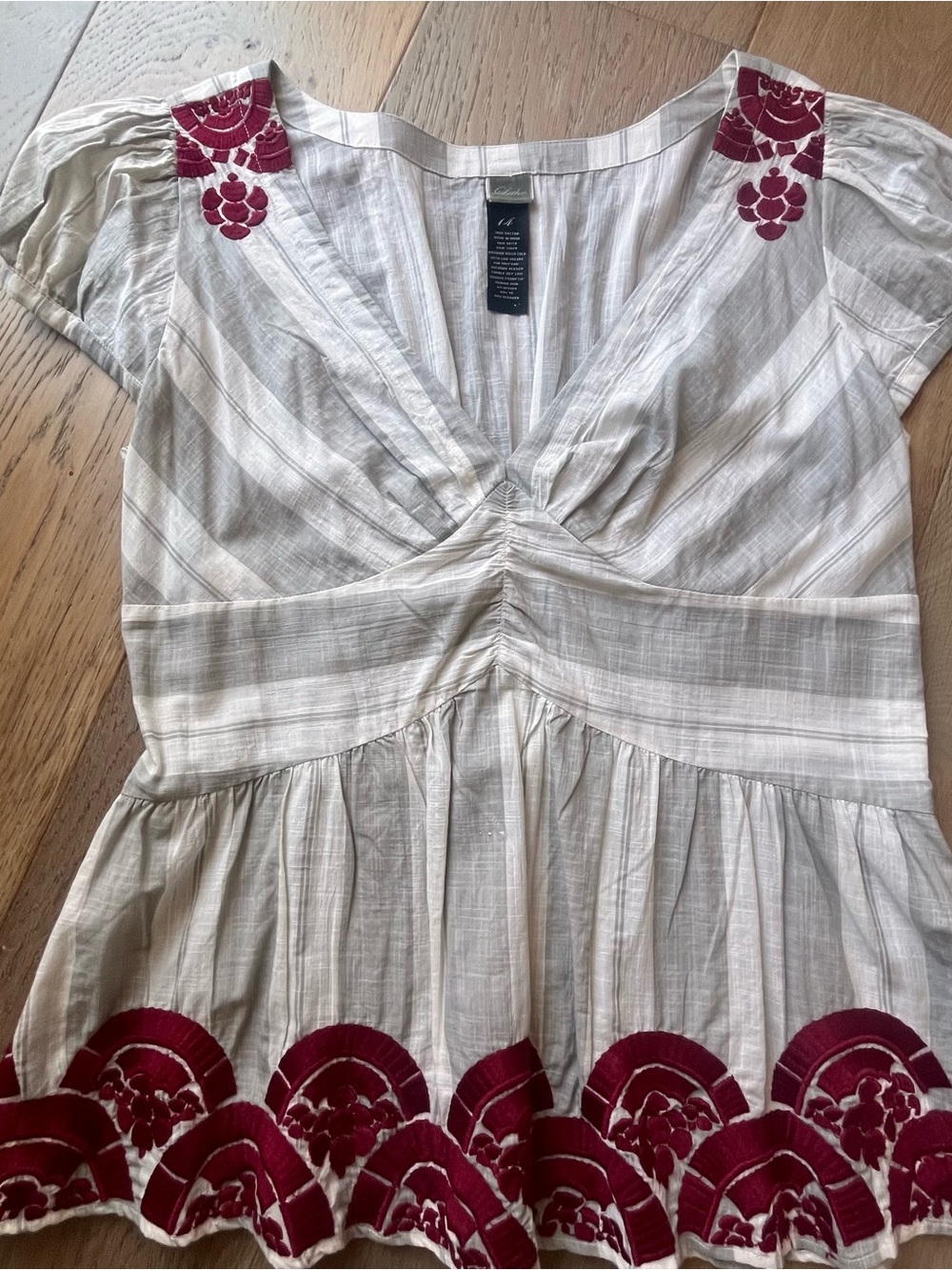 Anthropologie White and Gray Stripe Tunic with Wine Embroidery